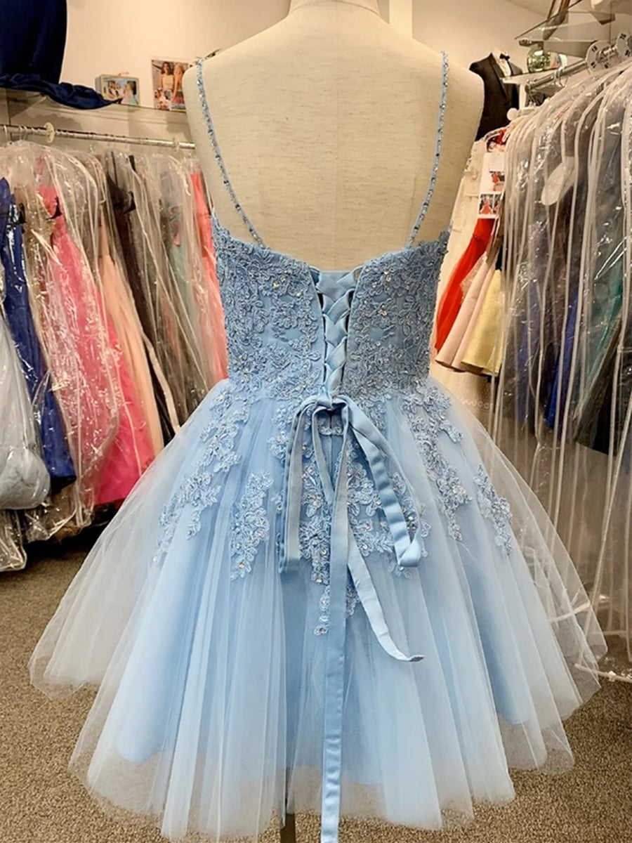 A-Linie V-Ausschnitt Tüll Spitzenapplikationen Kurzes Ball- und Heimkehrkleid