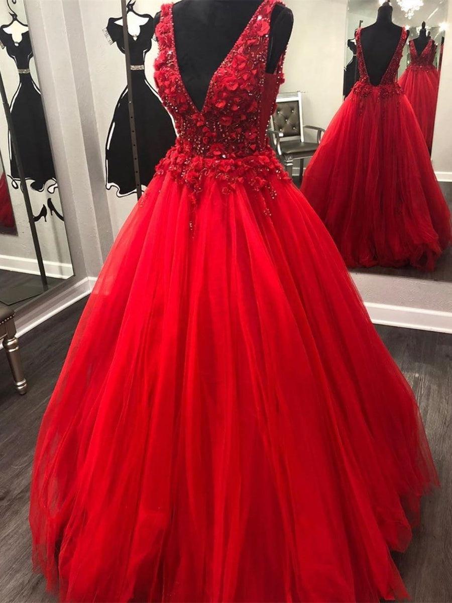 Vestidos de fiesta largos de tul con escote en V y encaje en línea A, vestidos de noche formales con espalda abierta en rojo