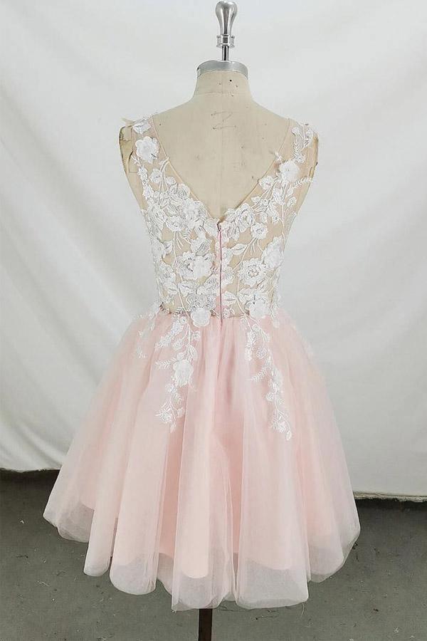 Vestido corto de fiesta de tul con escote en V y corte A en rosa y blanco