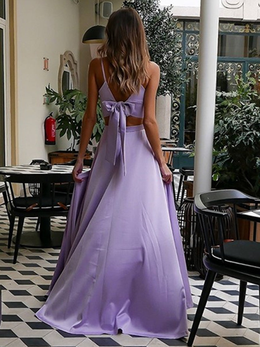 Vestido de fiesta formal de noche largo de dos piezas con escote en V y abertura alta