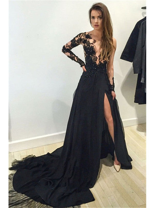 Vestidos de fiesta elegantes de corte A/bote, mangas largas, encaje, gasa, cola de corte