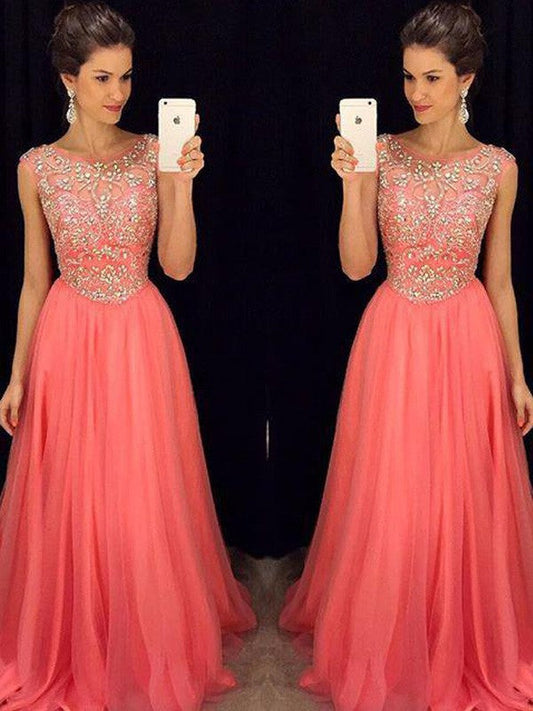 A-Line/Elegant Scoop Sleeveless Beading Floor-Length Chiffon Prom Dresses