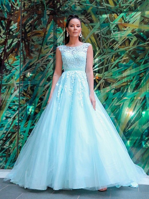A-Line/Elegant Scoop Sleeveless Tulle Applique Prom Dresses
