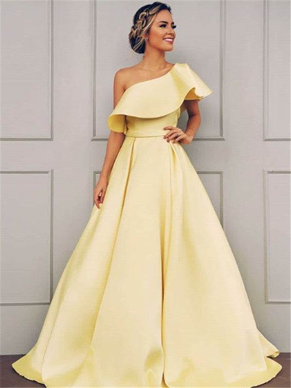 A-Linie/Elegant Ärmellos Eine Schulter Bodenlang Rüschen Satin Ballkleider