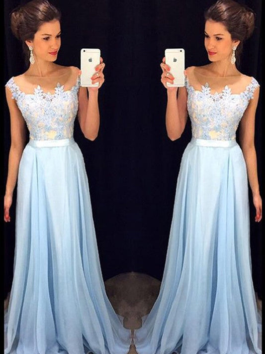 A-Line/Elegant Sleeveless Sheer Neck Applique Chiffon Prom Dresses