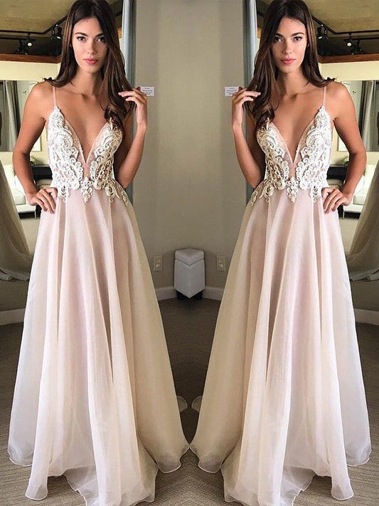 A-Line/Elegant Spaghetti Straps Sleeveless Applique Chiffon Prom Dresses
