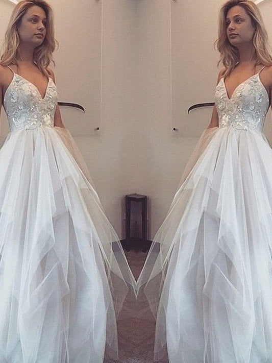 A-Line/Elegant Spaghetti Straps Sleeveless Floor-Length Tulle Prom Dresses