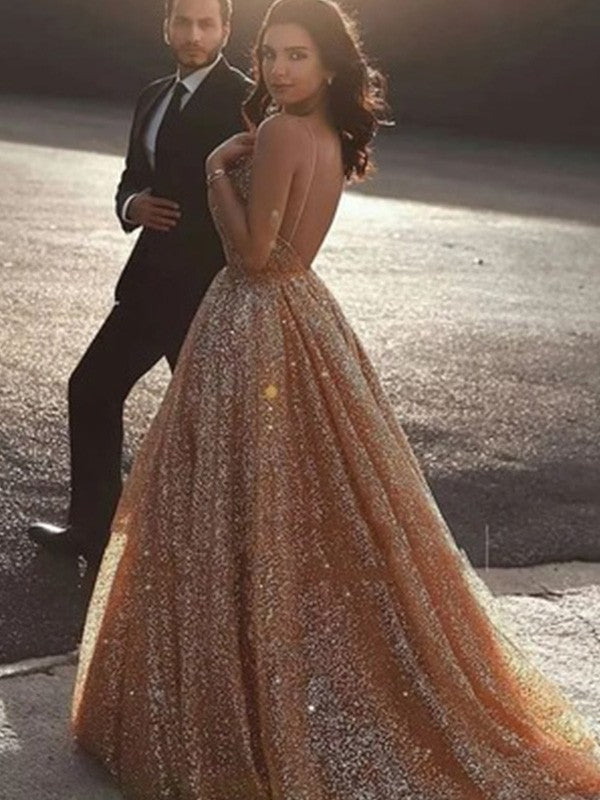 A-Line/Elegant Spaghetti Straps Tulle Sequin Sleeveless Prom Dresses