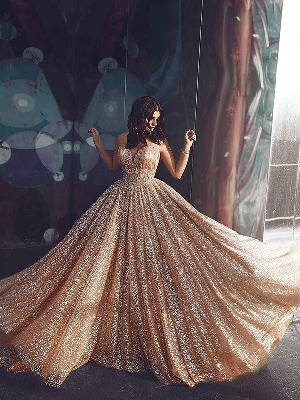 A-Line/Elegant Spaghetti Straps Tulle Sequin Sleeveless Prom Dresses