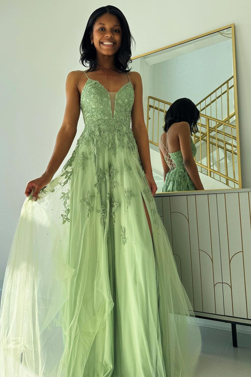 Vestidos de fiesta largos de tul con escote en V y apliques en color verde salvia
