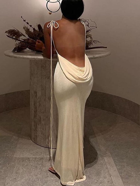Tossy Damen Sexy Swing-Kragen Rückenfrei Ärmellos Maxi Ballkleid Kordelzug Elegant Bodycon Solid Partykleider 2022 Sommer