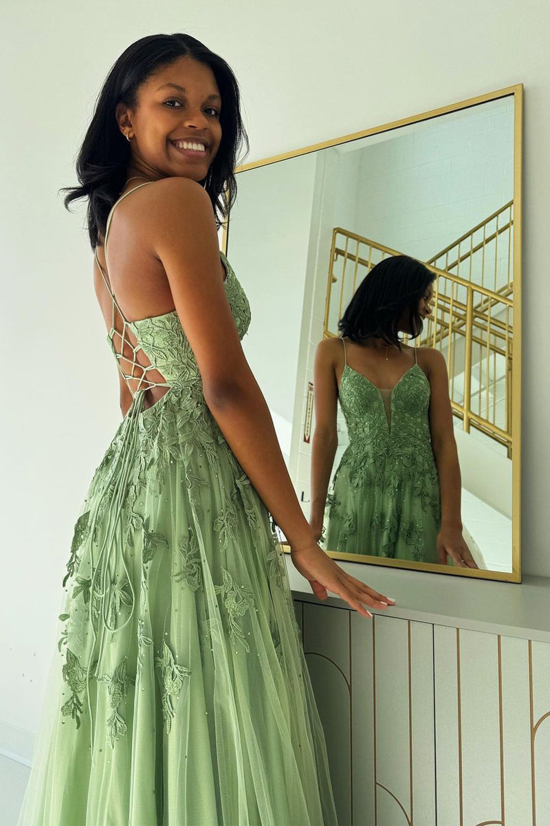 Vestidos de fiesta largos de tul con escote en V y apliques en color verde salvia