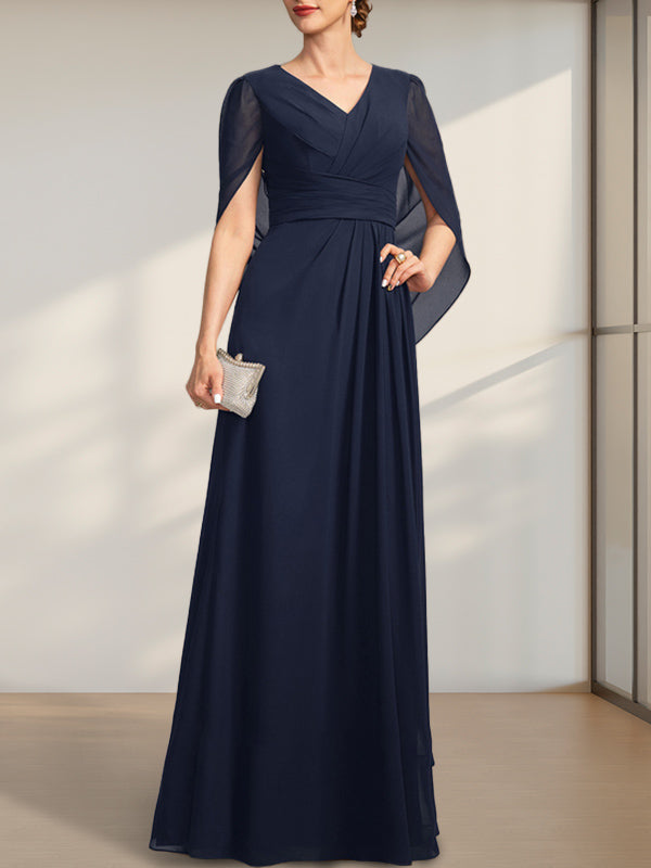 A-Linie V-Ausschnitt Bodenlang Chiffon Kleid für die Brautmutter mit Plissee