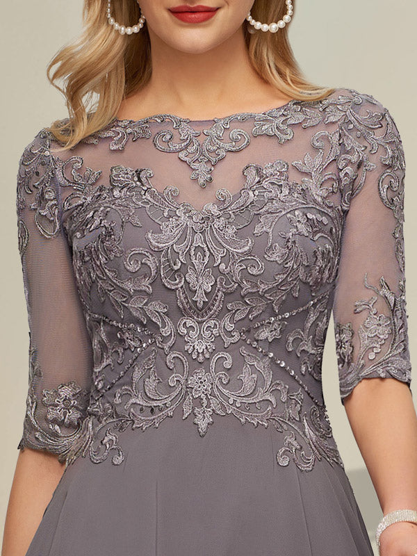 Vestido de madre de la novia de gasa asimétrica con escote barco, ilusión, encaje y lentejuelas con abalorios.