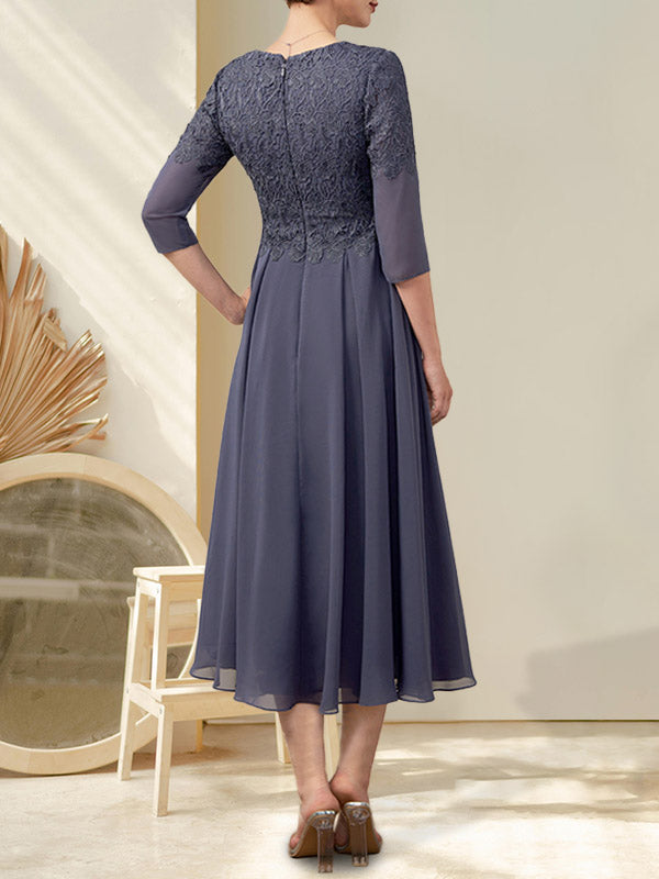 A-Linie V-Ausschnitt Wadenlang Chiffon Spitze Kleid für die Brautmutter mit Perlenbesatz