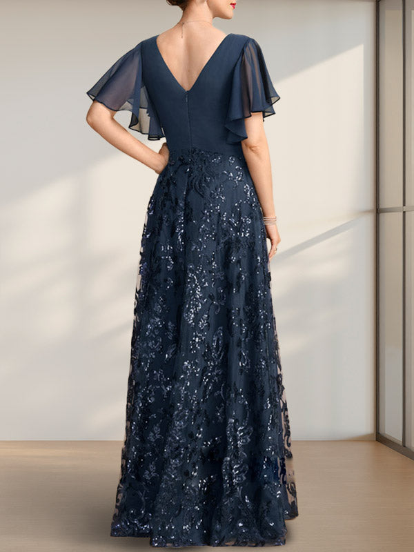 A-Linie V-Ausschnitt Bodenlang Spitze Pailletten Chiffon Mutter der Braut Kleid Mit Plissee