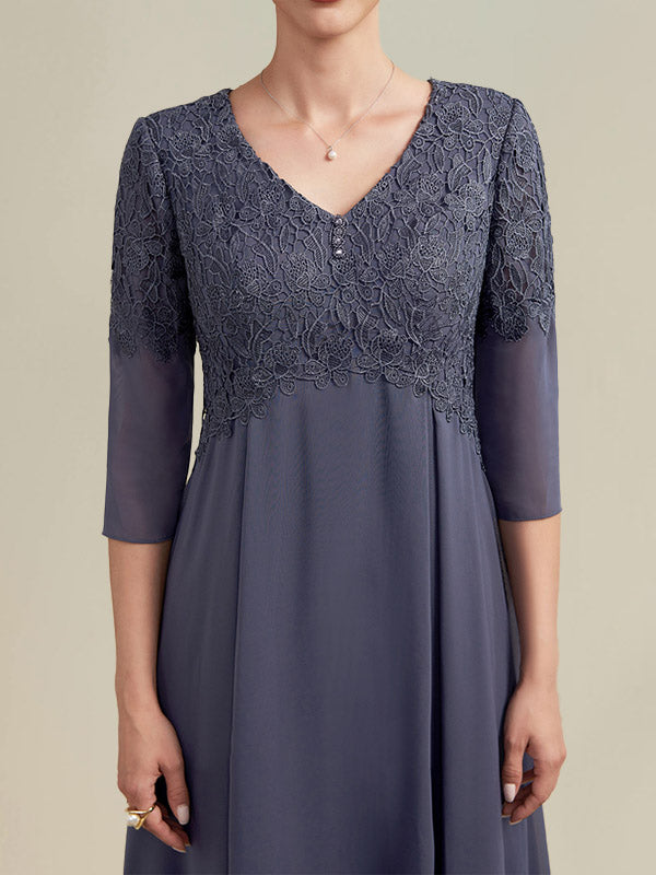 A-Linie V-Ausschnitt Wadenlang Chiffon Spitze Kleid für die Brautmutter mit Perlenbesatz