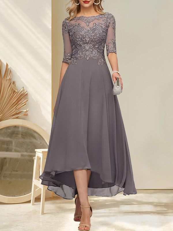 Vestido de madre de la novia de gasa asimétrica con escote barco, ilusión, encaje y lentejuelas con abalorios.