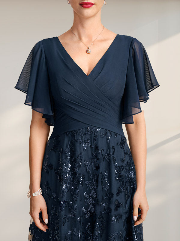 A-Linie V-Ausschnitt Bodenlang Spitze Pailletten Chiffon Mutter der Braut Kleid Mit Plissee