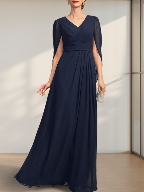 A-Linie V-Ausschnitt Bodenlang Chiffon Kleid für die Brautmutter mit Plissee