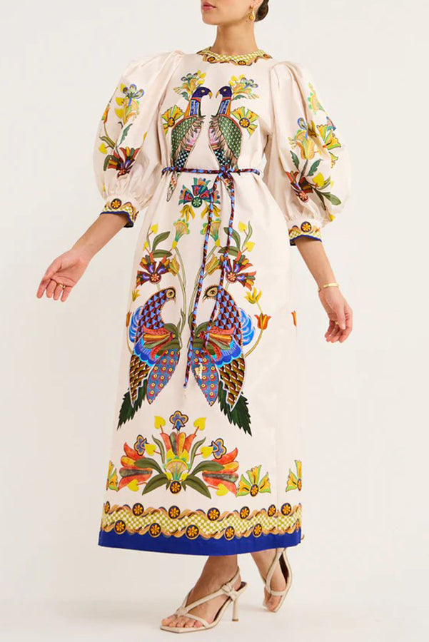 Garden Party – Unique Heaven – Lockeres Midikleid mit Puffärmeln und Vogelprint