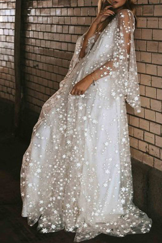 Vestido de noche con lentejuelas y cuello redondo transparente de estrellas