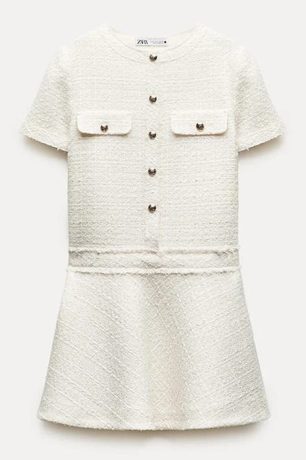 1960er London Girl Tweed Strukturiertes Minikleid mit goldenen Knöpfen und kurzen Ärmeln und Taschen