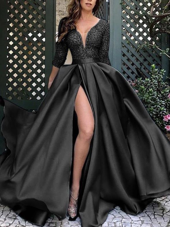 Damenkleider Bronzing V-Ausschnitt Bankett Schlitz Abendkleid