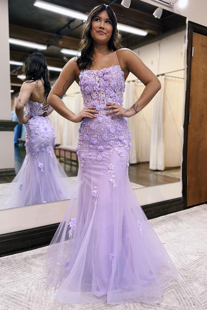 Vestido de fiesta de sirena lila con escote redondo y apliques