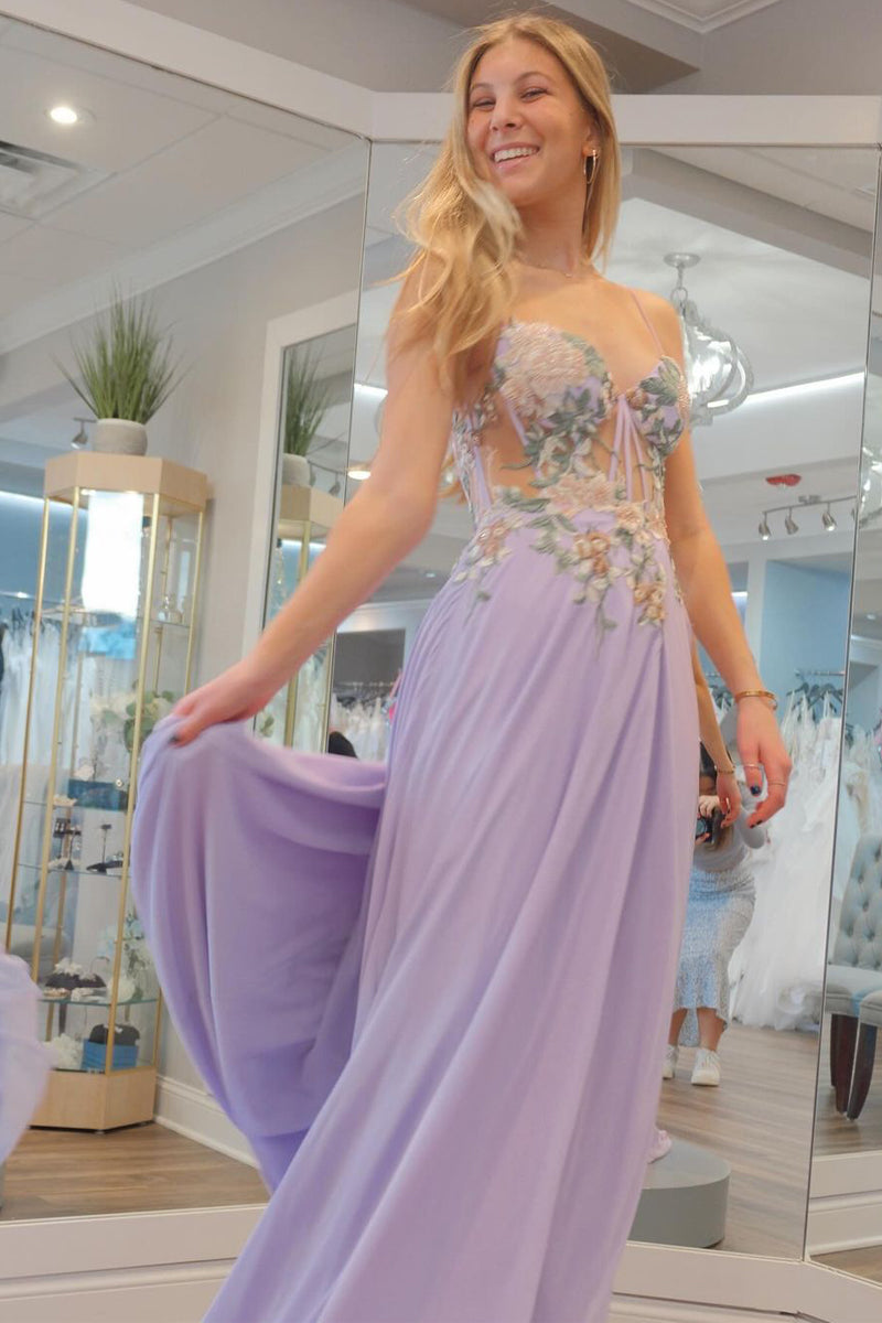 Lila Herzausschnitt Chiffon Lange Ballkleider mit Applikationen