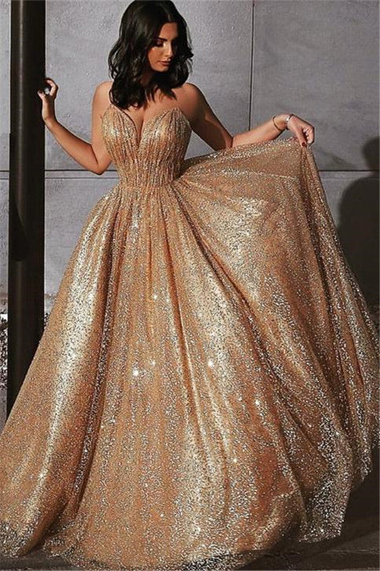 Glamorous Gold A Line Sequins Tulle Long Prom Dress with Ruffles