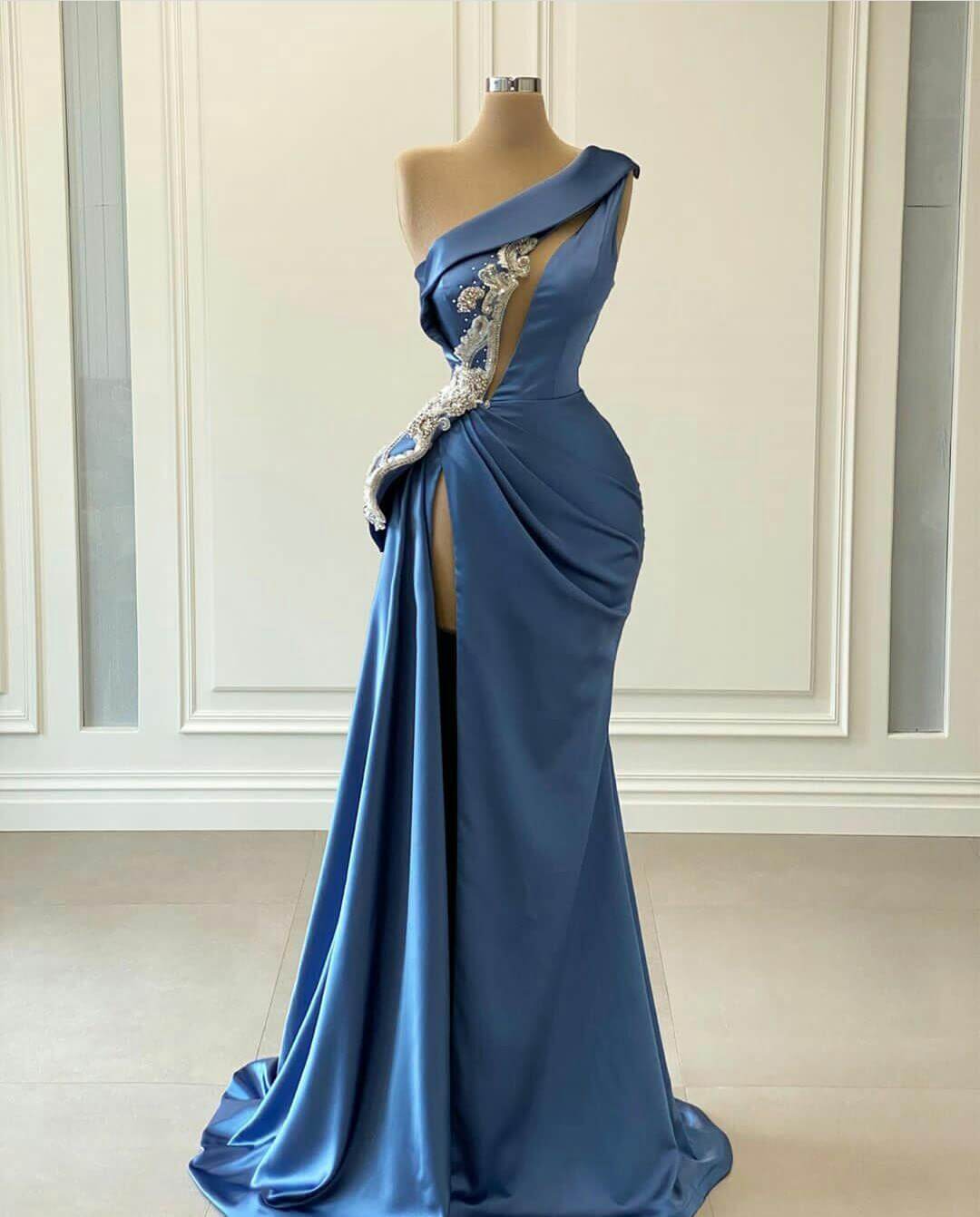 Elegant Long Mermaid One Shoulder Satin Prom Dress With Slit
