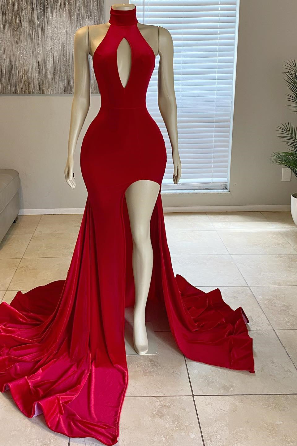 Halter Front Split Mermaid High-Neck Floor Length Prom Gown