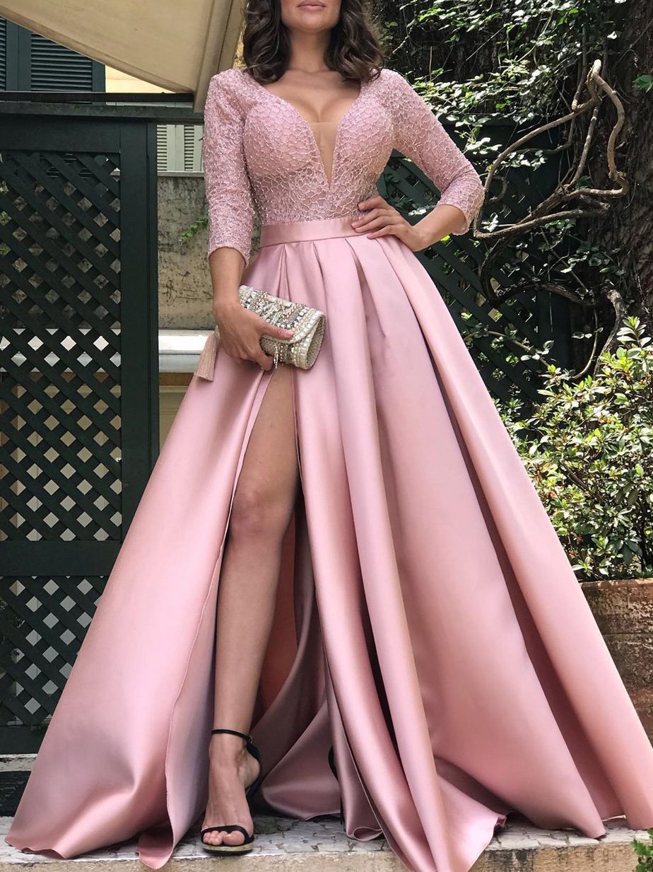Damenkleider Bronzing V-Ausschnitt Bankett Schlitz Abendkleid
