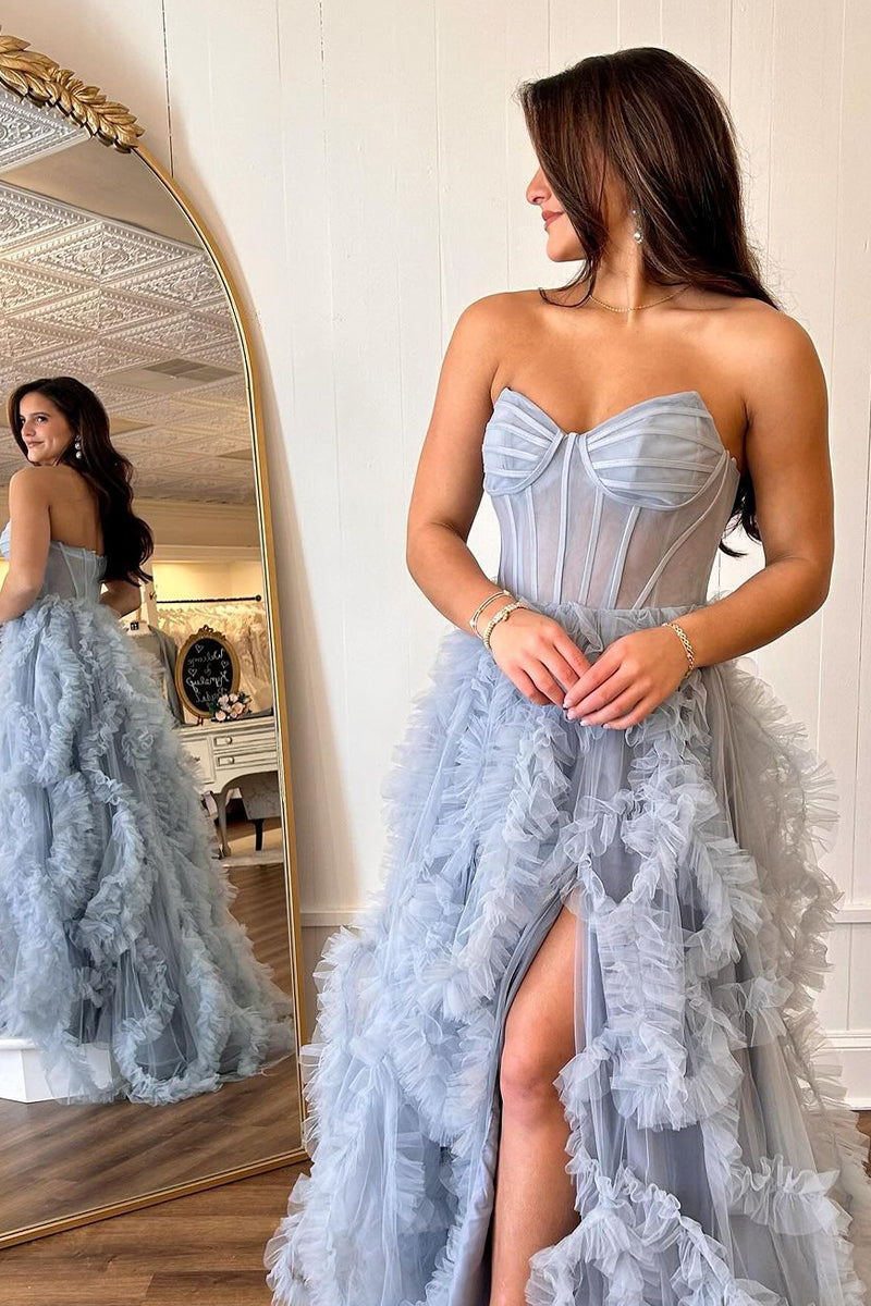 Vestidos de fiesta largos de tul con volantes y abertura, corte A