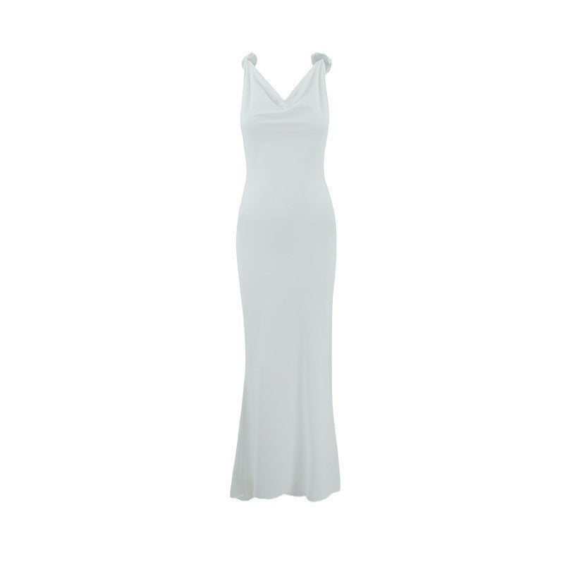 Damen Slim Fit Sexy Abendkleid Tiefer V-Ausschnitt Rückenfrei Blumenmuster Dekorativer Schultergurt Fischschwanzkleid