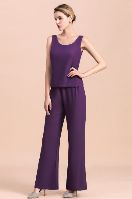 Mono de gasa color uva con tirantes y cuentas para madre de la novia, asequible, en línea, con chal