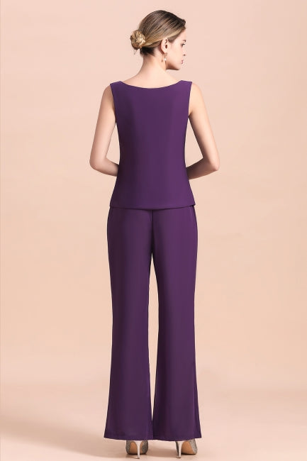 Mono de gasa color uva con tirantes y cuentas para madre de la novia, asequible, en línea, con chal