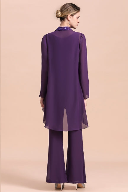 Mono de gasa color uva con tirantes y cuentas para madre de la novia, asequible, en línea, con chal