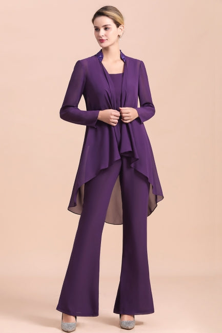 Mono de gasa color uva con tirantes y cuentas para madre de la novia, asequible, en línea, con chal