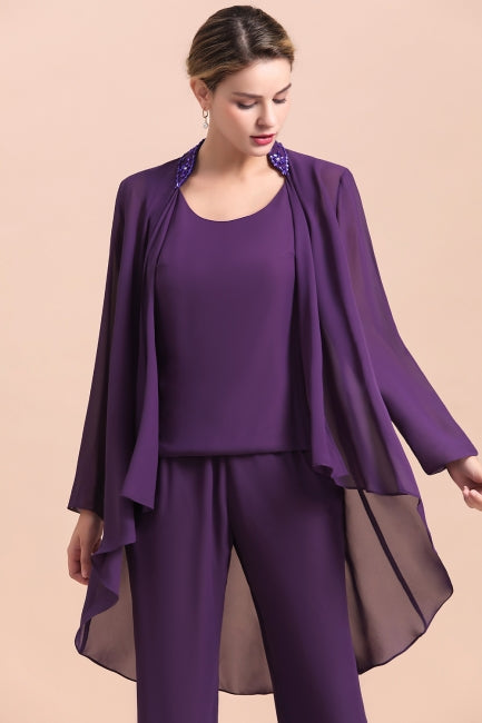 Mono de gasa color uva con tirantes y cuentas para madre de la novia, asequible, en línea, con chal