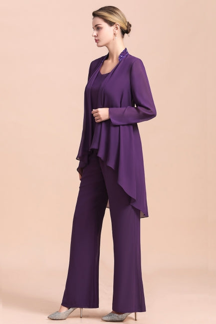 Mono de gasa color uva con tirantes y cuentas para madre de la novia, asequible, en línea, con chal
