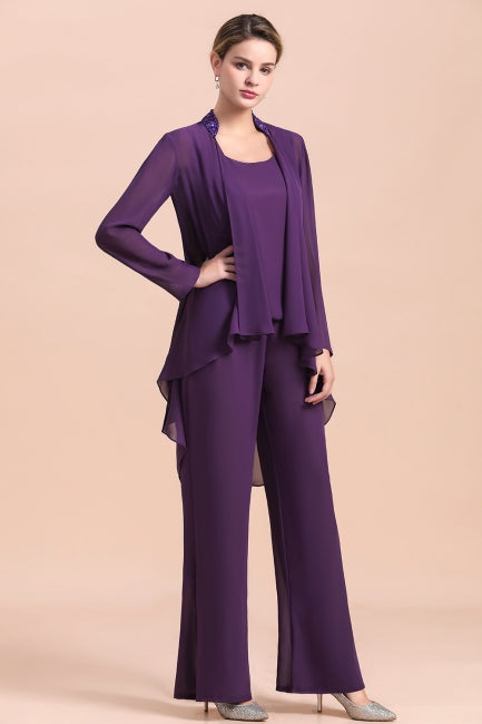 Mono de gasa color uva con tirantes y cuentas para madre de la novia, asequible, en línea, con chal