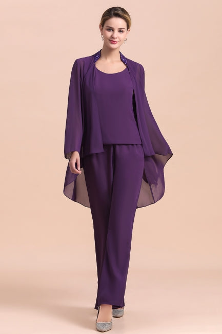 Mono de gasa color uva con tirantes y cuentas para madre de la novia, asequible, en línea, con chal