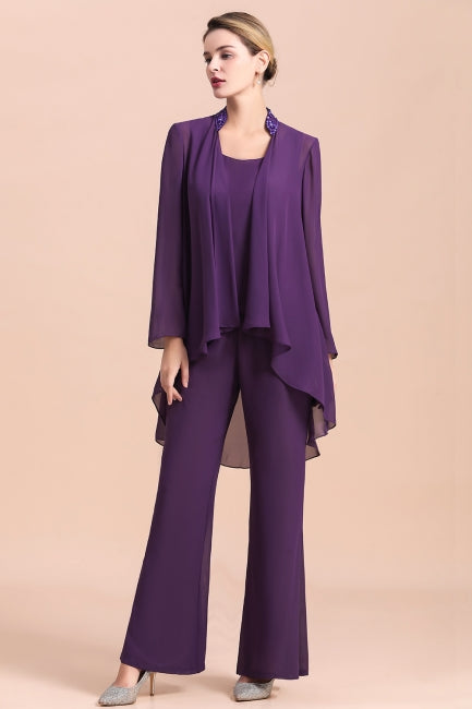 Mono de gasa color uva con tirantes y cuentas para madre de la novia, asequible, en línea, con chal