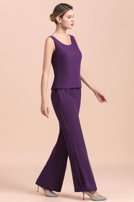 Mono de gasa color uva con tirantes y cuentas para madre de la novia, asequible, en línea, con chal