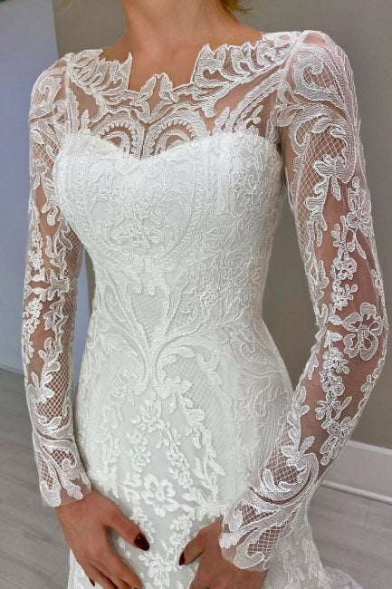 Impresionantes vestidos de novia blancos de manga larga con encaje y apliques