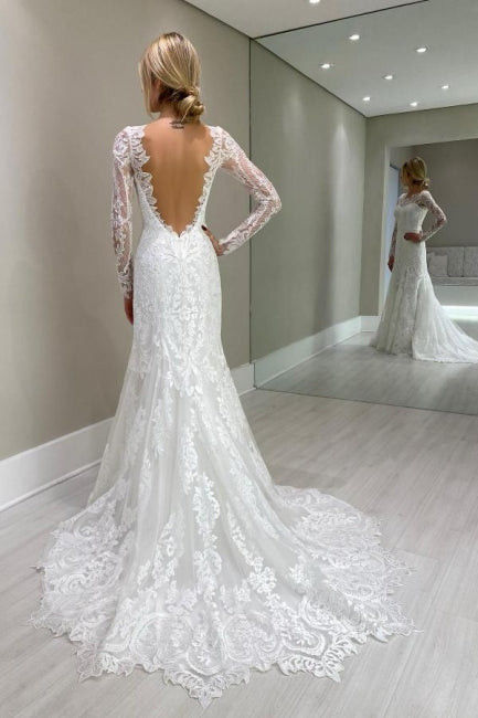 Impresionantes vestidos de novia blancos de manga larga con encaje y apliques