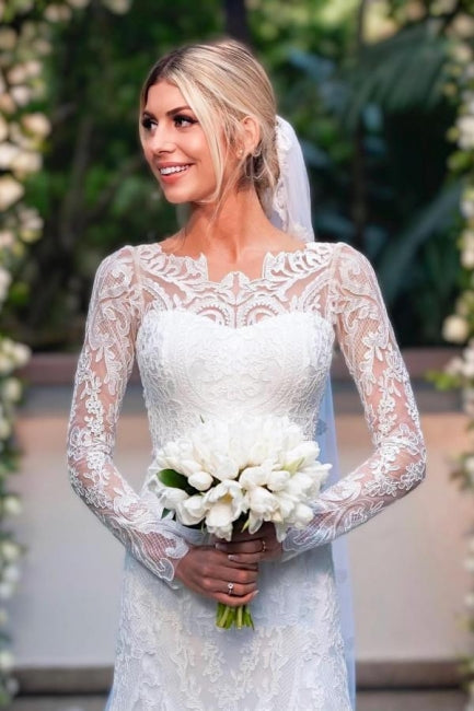 Impresionantes vestidos de novia blancos de manga larga con encaje y apliques