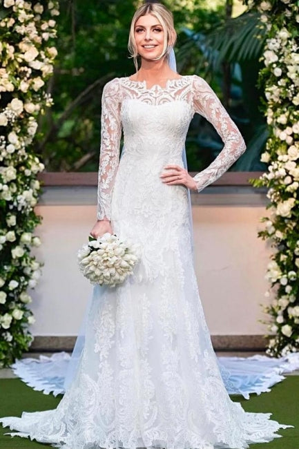 Impresionantes vestidos de novia blancos de manga larga con encaje y apliques